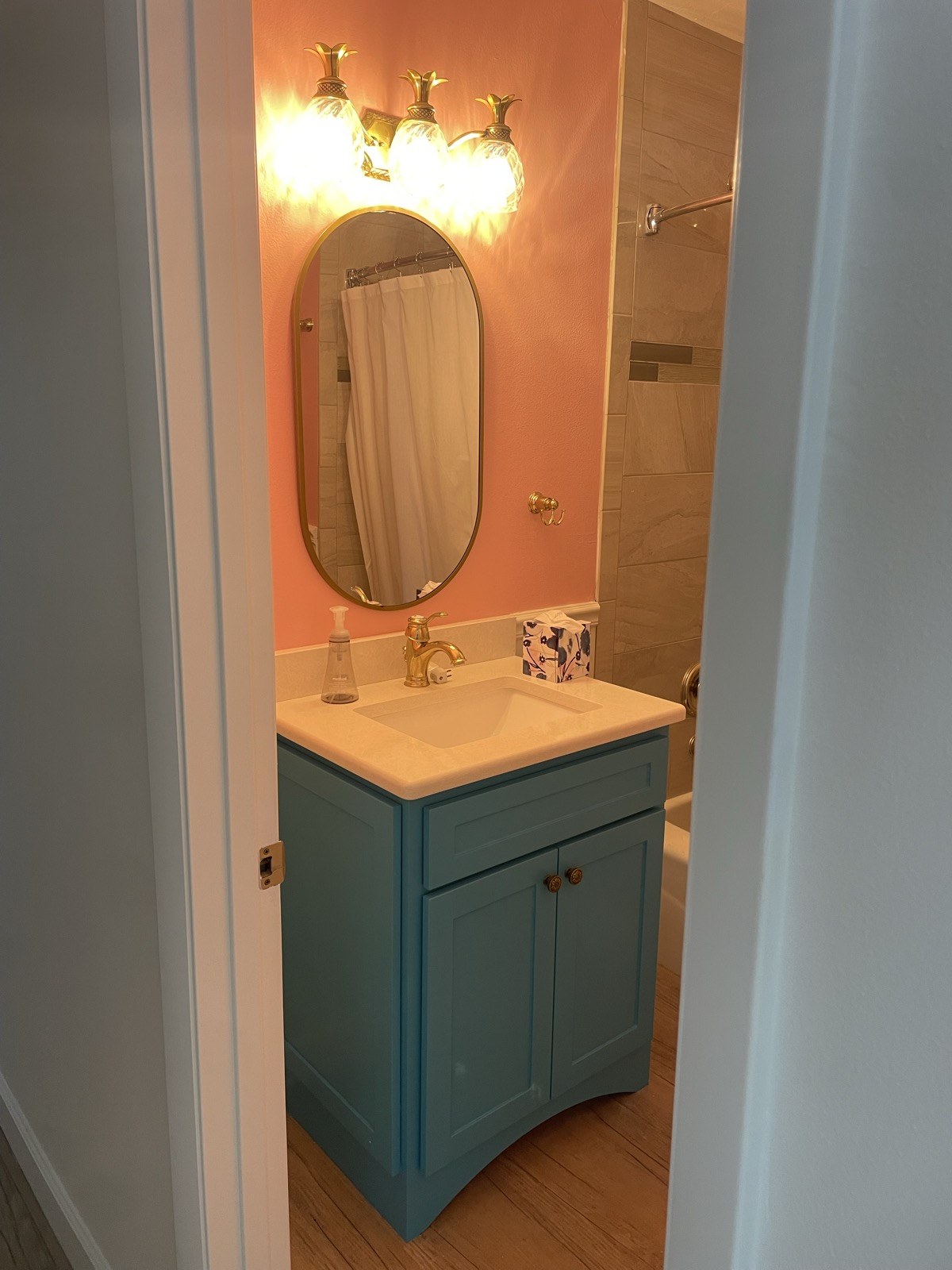 Bathroom with freshly painted teal vanity and coral walls