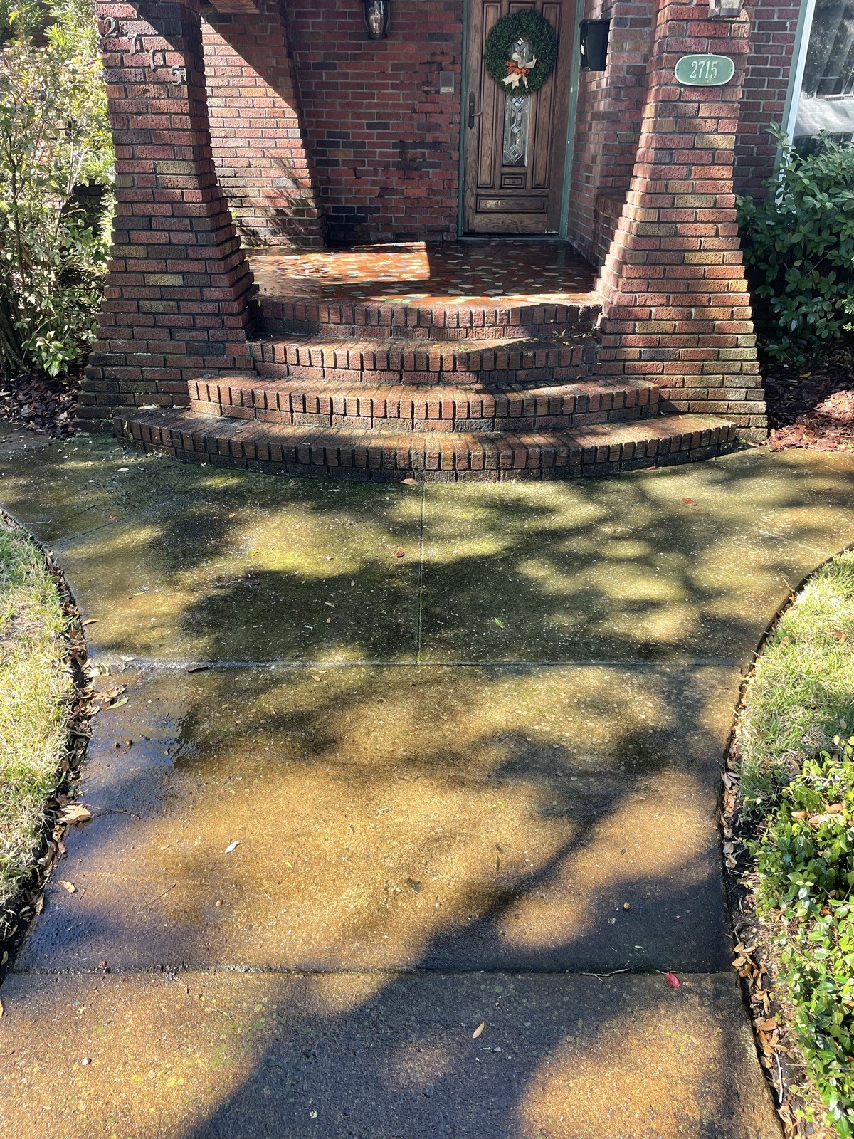 Mossy brick steps and walkway before power washing